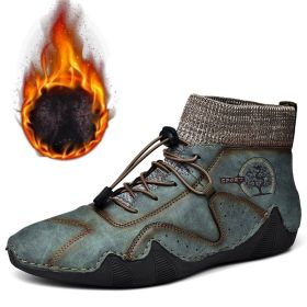 Spring Autumn High Top Leather Shoes Winter Fleece Martin Boots Men Casual Sport Waterproof 38-48 Sock Mouth Outdoor Retro Cozy (Color: Green(fleece lining))