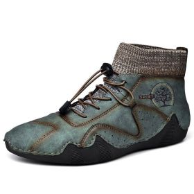 Spring Autumn High Top Leather Shoes Winter Fleece Martin Boots Men Casual Sport Waterproof 38-48 Sock Mouth Outdoor Retro Cozy (Color: Green (four seasons))