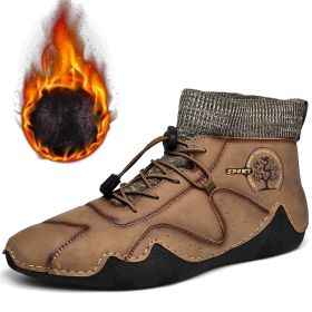 Spring Autumn High Top Leather Shoes Winter Fleece Martin Boots Men Casual Sport Waterproof 38-48 Sock Mouth Outdoor Retro Cozy (Color: Khaki(fleece lining))