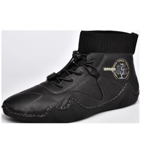 Spring Autumn High Top Leather Shoes Winter Fleece Martin Boots Men Casual Sport Waterproof 38-48 Sock Mouth Outdoor Retro Cozy (Color: Black (four seasons))