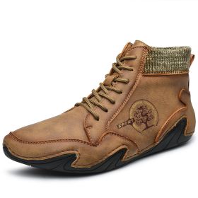 Spring Autumn High Top Leather Shoes Winter Fleece Martin Boots Men Casual Sport Waterproof 38-48 Sock Mouth Outdoor Retro Cozy (Color: Khaki)