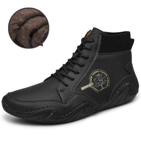 Spring Autumn High Top Leather Shoes Winter Fleece Martin Boots Men Casual Sport Waterproof 38-48 Sock Mouth Outdoor Retro Cozy (Color: Black (Fleece))