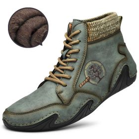 Spring Autumn High Top Leather Shoes Winter Fleece Martin Boots Men Casual Sport Waterproof 38-48 Sock Mouth Outdoor Retro Cozy (Color: Green (Fleece))