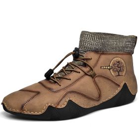 Spring Autumn High Top Leather Shoes Winter Fleece Martin Boots Men Casual Sport Waterproof 38-48 Sock Mouth Outdoor Retro Cozy (Color: Khaki (four Seasons))