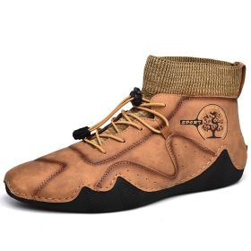 Spring Autumn High Top Leather Shoes Winter Fleece Martin Boots Men Casual Sport Waterproof 38-48 Sock Mouth Outdoor Retro Cozy (Color: Brown (four seasons))