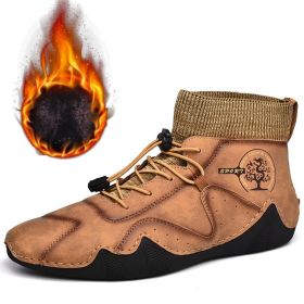 Spring Autumn High Top Leather Shoes Winter Fleece Martin Boots Men Casual Sport Waterproof 38-48 Sock Mouth Outdoor Retro Cozy (Color: Brown(fleece lining))