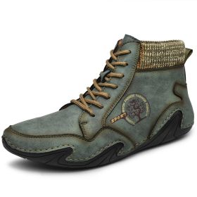 Spring Autumn High Top Leather Shoes Winter Fleece Martin Boots Men Casual Sport Waterproof 38-48 Sock Mouth Outdoor Retro Cozy (Color: Green)