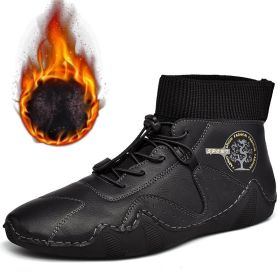 Spring Autumn High Top Leather Shoes Winter Fleece Martin Boots Men Casual Sport Waterproof 38-48 Sock Mouth Outdoor Retro Cozy (Color: Black(fleece lining))