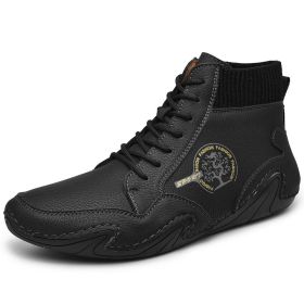 Spring Autumn High Top Leather Shoes Winter Fleece Martin Boots Men Casual Sport Waterproof 38-48 Sock Mouth Outdoor Retro Cozy (Color: Black)